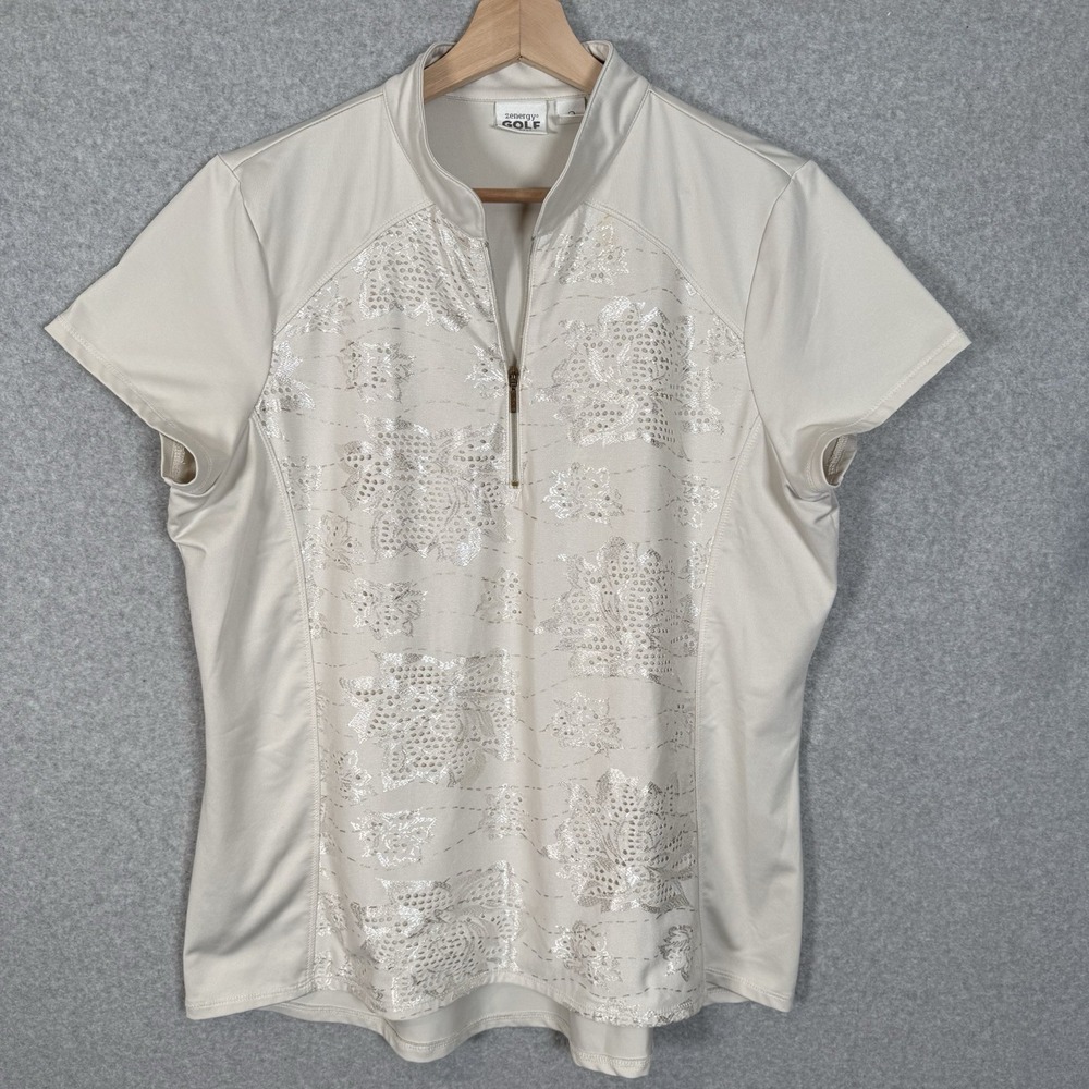 Chicos Zynergy Golf Quarter Zip Womens 2 (large) Floral Short Sleeve